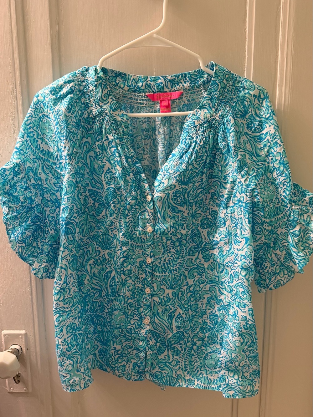 Lilly Pulitzer Turquoise Floral Button-Front Blouse